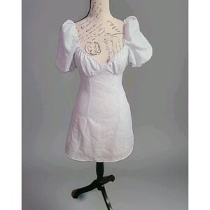 H&M Divided Puff Sleeve Mini Dress XS White‎ Blue Floral Cottagecore Babydoll